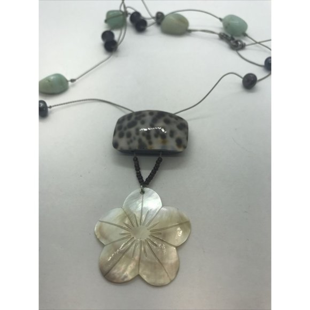 Artisan Cowrie Shell Mother of Pearl Hibiscus  Flower Corded 32" Necklace‎ MOP